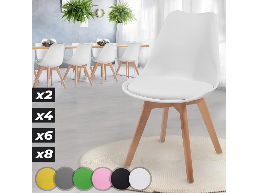Floraya - Set 8 Scandinavische eetkamerstoelen met zitkussen - wit