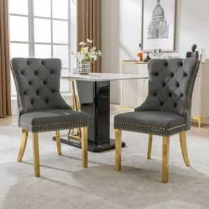 Lot de 2 chaises de salle à manger, haise rembourrée avec garniture en tête de clou, pieds de support en acier inoxydable...