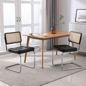 Lot de 2 chaises de salle à manger - style du milieu du siècle - en simili-cuir tapissées et en rotin - 50x61x86cm, noir