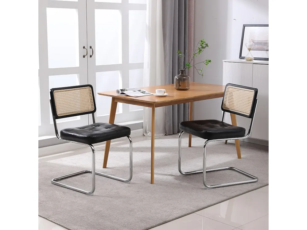 Lot de 2 chaises de salle à manger - style du milieu du siècle - en simili-cuir tapissées et en rotin - 50x61x86cm, noir