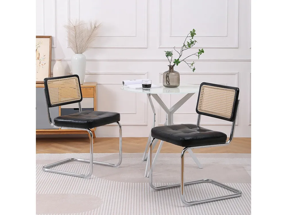 Lot de 2 chaises de salle à manger - style du milieu du siècle - en simili-cuir tapissées et en rotin - 50x61x86cm, noir
