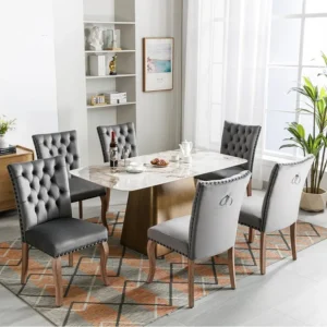 Set van 6 eetkamerstoelen bekleed met fluweel - Massief walnoot poten - Knoopdecoratie - Grijs Merax