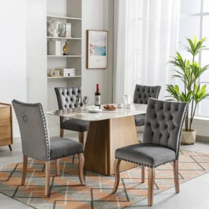 Set van 4 eetkamerstoelen bekleed met fluweel - Massief walnoot poten - Knoopdecoratie - Grijs Merax