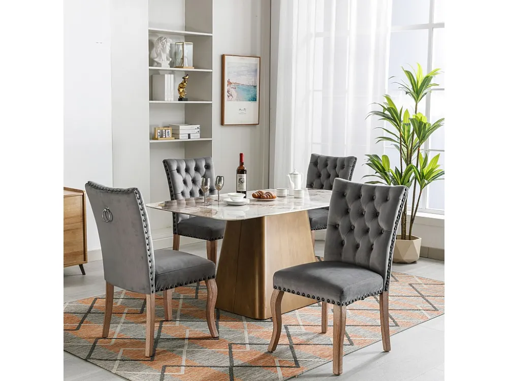 Set van 4 eetkamerstoelen bekleed met fluweel - Massief walnoot poten - Knoopdecoratie - Grijs Merax