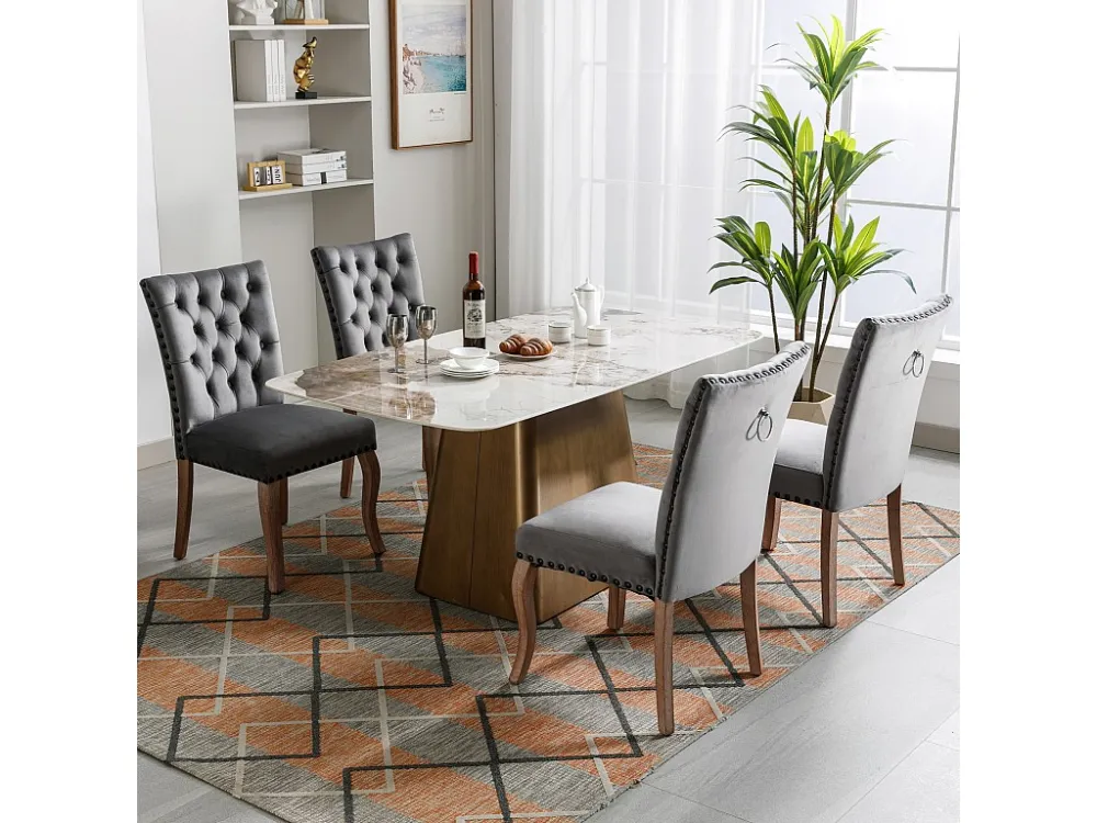 Set van 4 eetkamerstoelen bekleed met fluweel - Massief walnoot poten - Knoopdecoratie - Grijs Merax