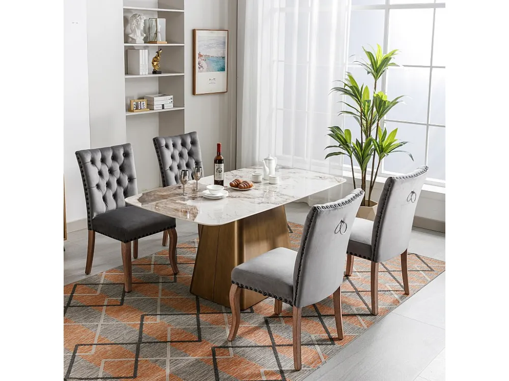 Set van 4 eetkamerstoelen bekleed met fluweel - Massief walnoot poten - Knoopdecoratie - Grijs Merax