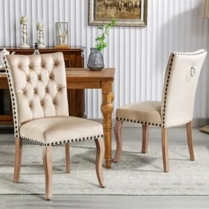 Set van 2 eetkamerstoelen bekleed met fluweel - Massief walnoot poten - Knoopdecoratie - Beige Merax