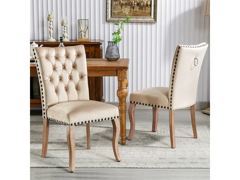 Set van 2 eetkamerstoelen bekleed met fluweel - Massief walnoot poten - Knoopdecoratie - Beige Merax
