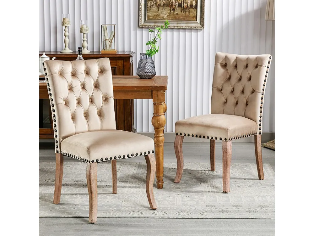 Set van 2 eetkamerstoelen bekleed met fluweel - Massief walnoot poten - Knoopdecoratie - Beige Merax