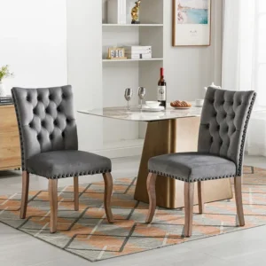 Set van 2 eetkamerstoelen bekleed met fluweel - Massief walnoot poten - Knoopdecoratie - Grijs Merax