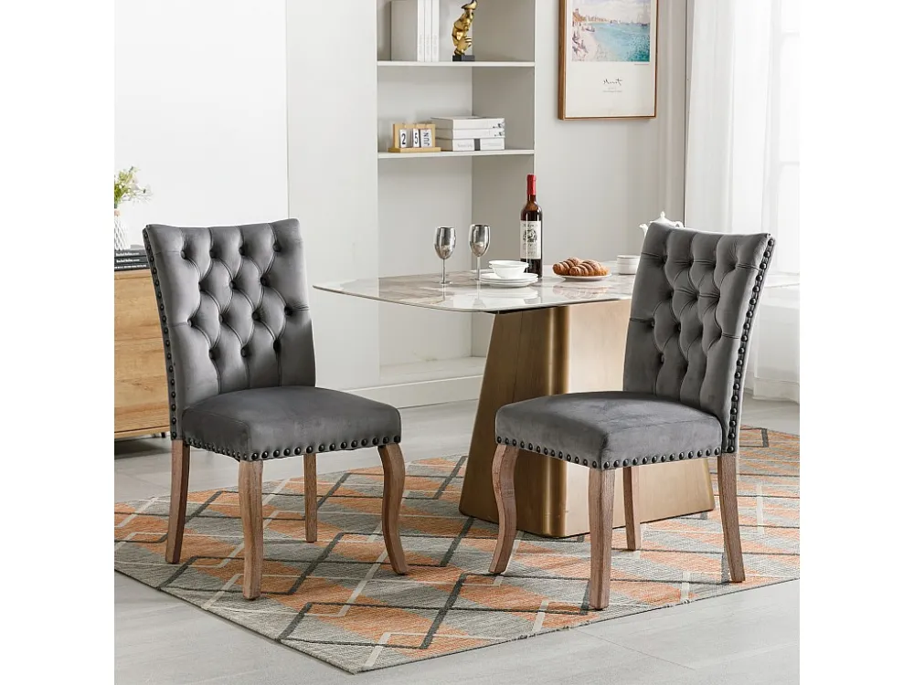 Set van 2 eetkamerstoelen bekleed met fluweel - Massief walnoot poten - Knoopdecoratie - Grijs Merax