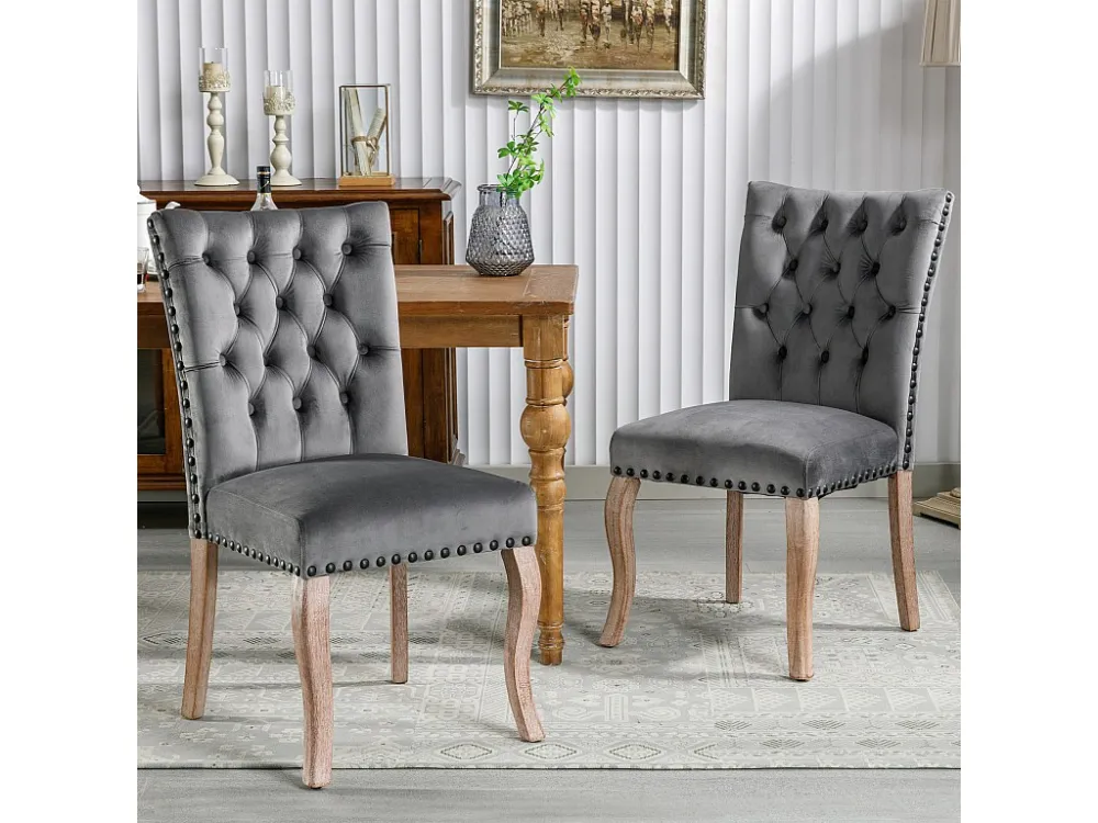 Set van 2 eetkamerstoelen bekleed met fluweel - Massief walnoot poten - Knoopdecoratie - Grijs Merax