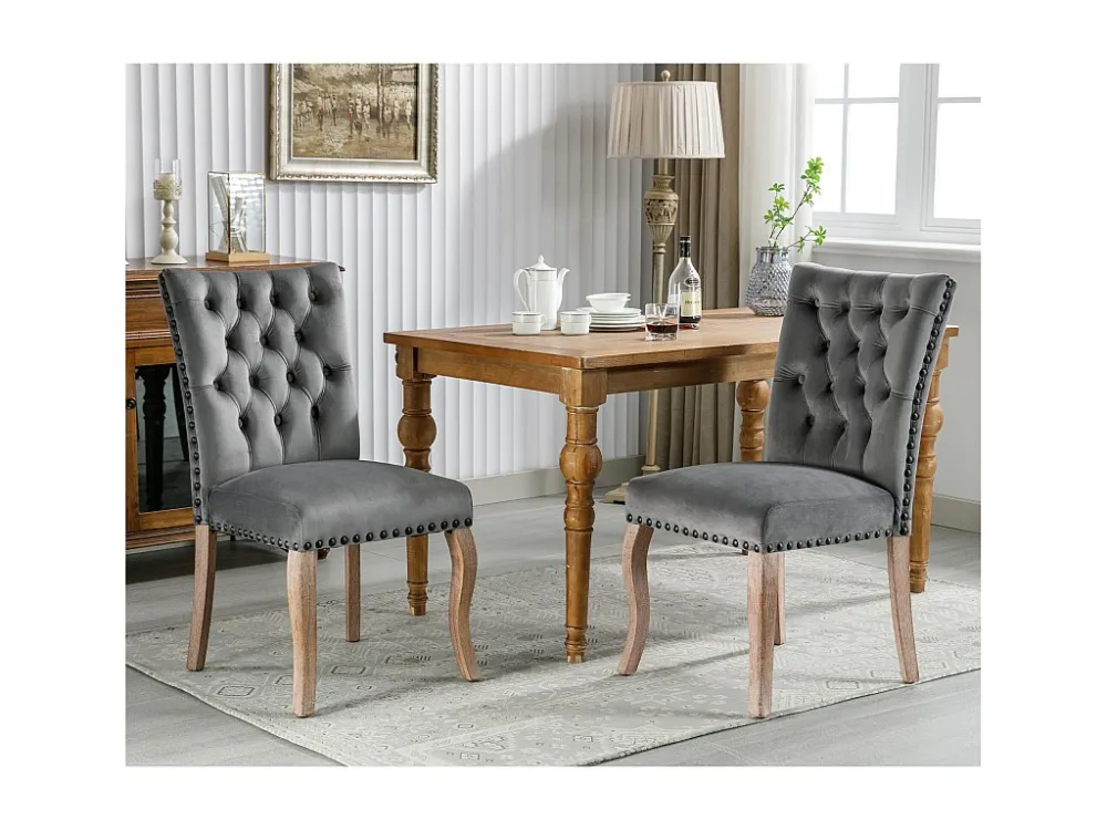 Set van 2 eetkamerstoelen bekleed met fluweel - Massief walnoot poten - Knoopdecoratie - Grijs Merax