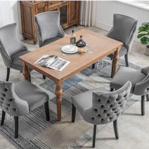Set van 6 eetkamerstoelen - Fluweel en massief hout - Achterkant ruitpatroon - Grijs en zwart Merax