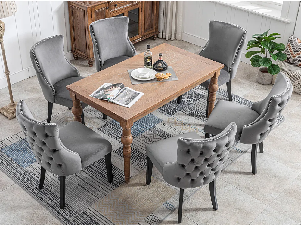 Set van 6 eetkamerstoelen - Fluweel en massief hout - Achterkant ruitpatroon - Grijs en zwart Merax