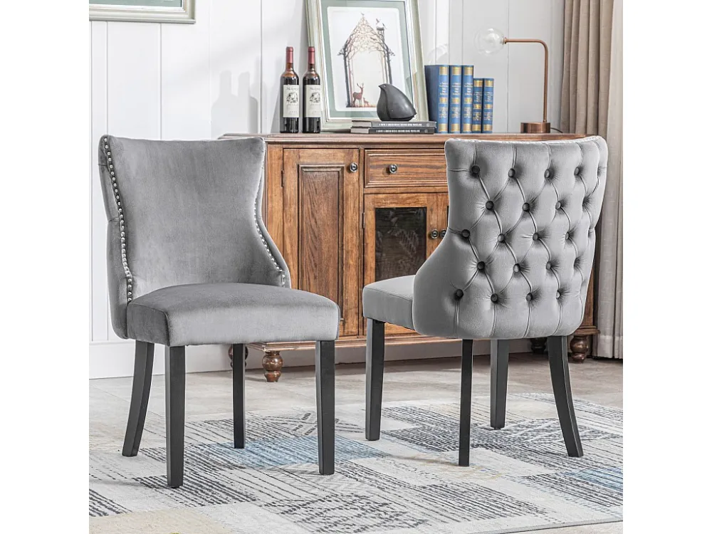 Set van 6 eetkamerstoelen - Fluweel en massief hout - Achterkant ruitpatroon - Grijs en zwart Merax