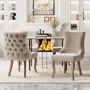 Set van 4 eetkamerstoelen - fluweel en massief hout - hoge rugleuning met ruitpatroon - beige Merax