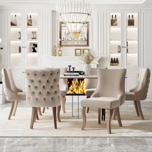 Set van 6 eetkamerstoelen - fluweel en massief hout - ruitpatroon met hoge rugleuning - beige Merax