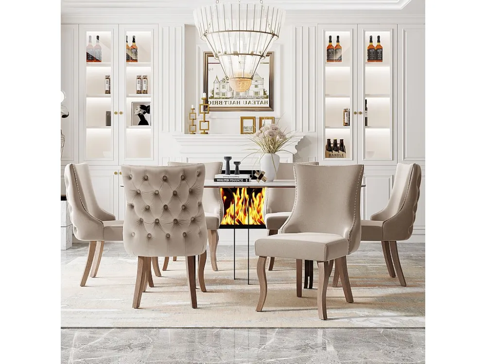 Set van 6 eetkamerstoelen - fluweel en massief hout - ruitpatroon met hoge rugleuning - beige Merax