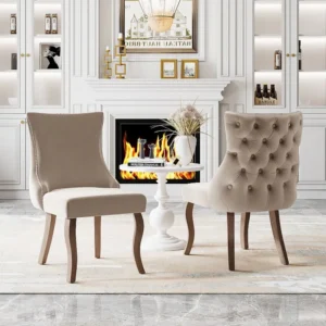 Set van 2 eetkamerstoelen - Fluweel en massief hout - Hoge rugleuning met ruitpatroon - Beige Merax