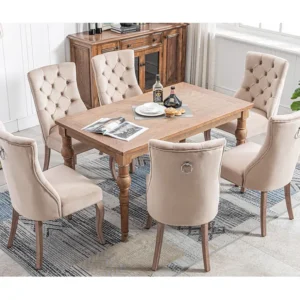 Set van 6 eetkamerstoelen - fluweel en massief hout - achterkant ruitpatroon - beige Merax