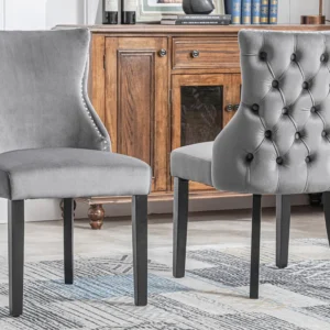 Set van 2 eetkamerstoelen - Fluweel en massief hout - Achterkant ruitpatroon - Grijs en zwart Merax