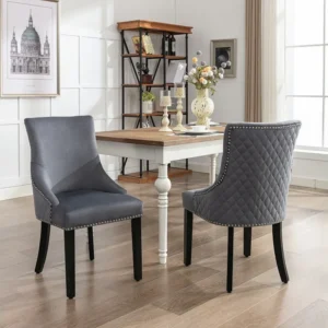 Set van 2 Eetkamerstoelen - Fluweel - Massief walnoot poten - Rugleuning met ruitpatroon - Grijs Merax