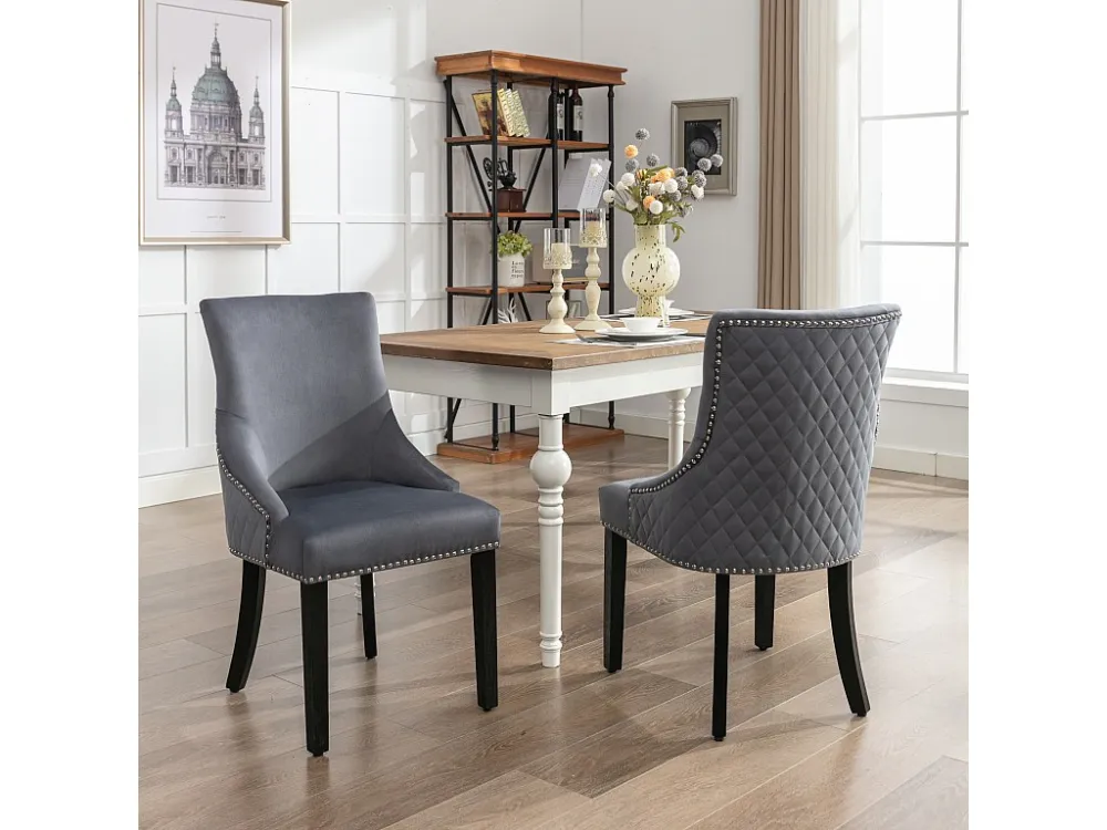 Set van 2 Eetkamerstoelen - Fluweel - Massief walnoot poten - Rugleuning met ruitpatroon - Grijs Merax