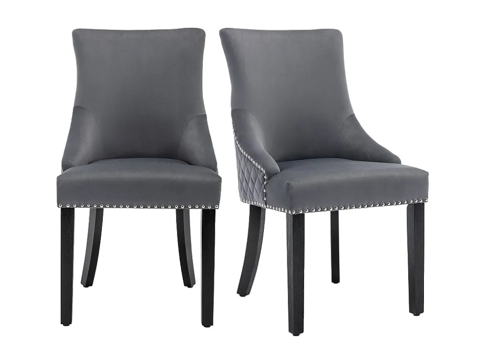 Set van 2 Eetkamerstoelen - Fluweel - Massief walnoot poten - Rugleuning met ruitpatroon - Grijs Merax