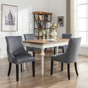 Set van 4 Eetkamerstoelen - Fluweel - Massief walnoot poten - Rugleuning met ruitpatroon - Grijs Merax