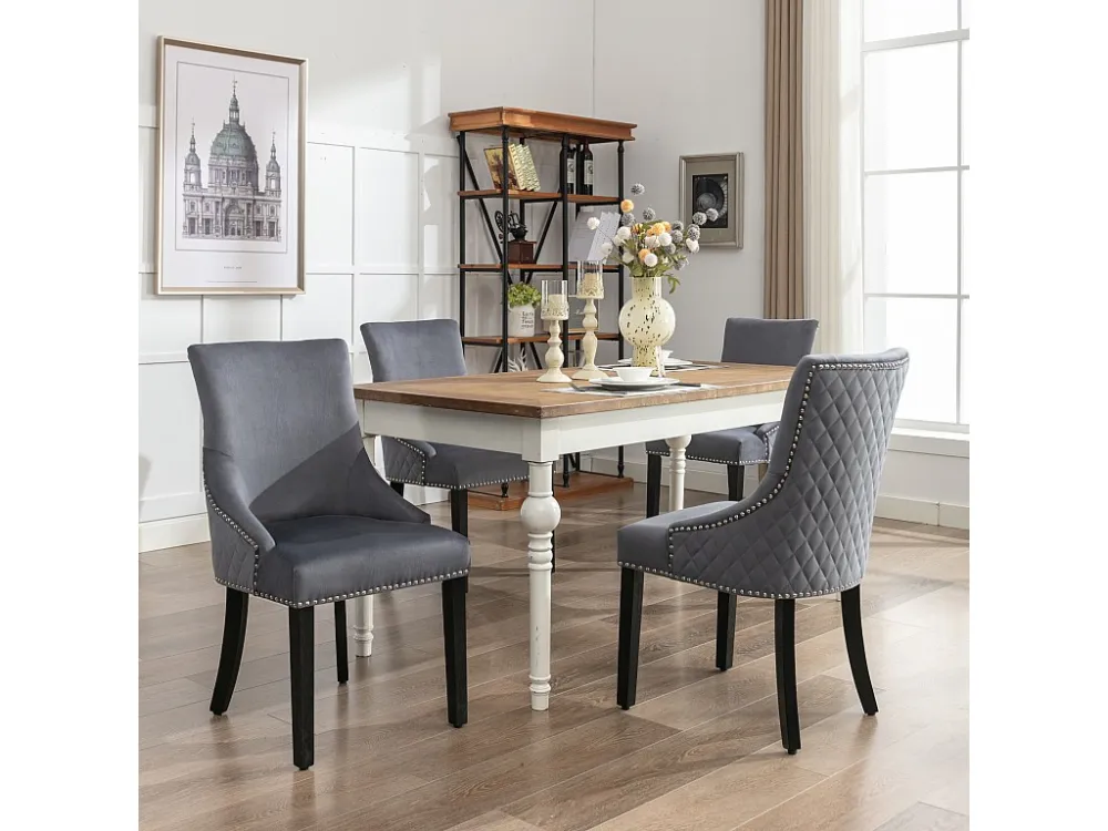 Set van 4 Eetkamerstoelen - Fluweel - Massief walnoot poten - Rugleuning met ruitpatroon - Grijs Merax