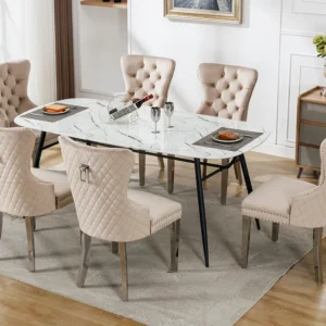 Set van 6 eetkamerstoelen - Fluweel en metaal - Rug ruitpatroon - Beige Merax