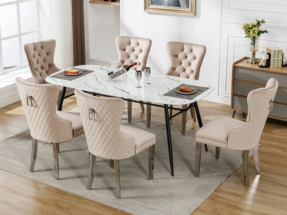 Set van 6 eetkamerstoelen - Fluweel en metaal - Rug ruitpatroon - Beige Merax