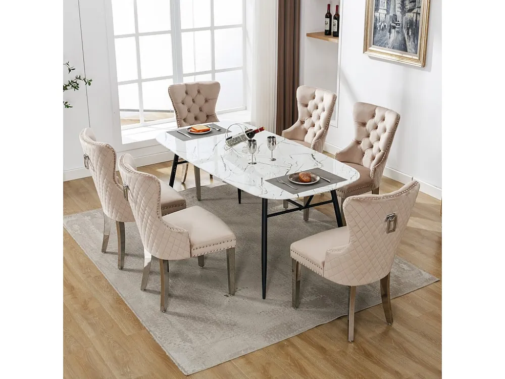 Set van 6 eetkamerstoelen - Fluweel en metaal - Rug ruitpatroon - Beige Merax