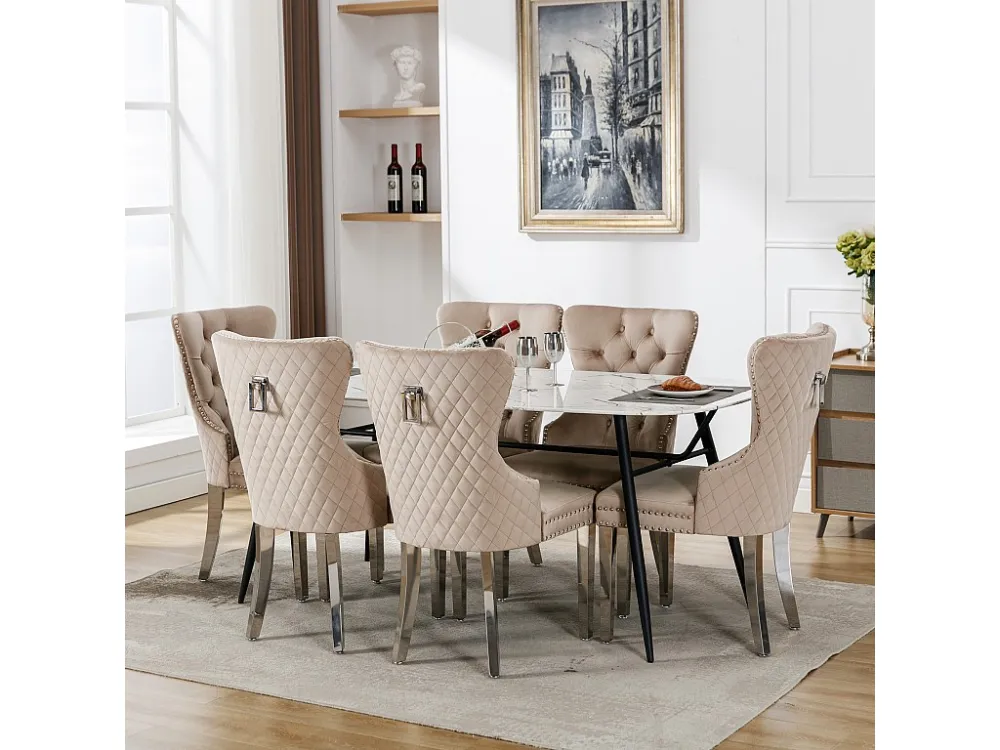 Set van 6 eetkamerstoelen - Fluweel en metaal - Rug ruitpatroon - Beige Merax