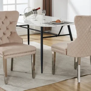 Set van 2 eetkamerstoelen - Fluweel en metaal - Rug ruitpatroon - Beige Merax