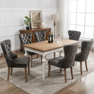 Set van 6 Eetkamerstoelen - Fluwelen zitting - Massief houten poten - Luxe design - Grijs Merax