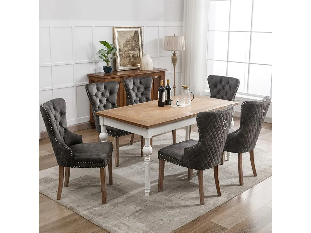 Set van 6 Eetkamerstoelen - Fluwelen zitting - Massief houten poten - Luxe design - Grijs Merax