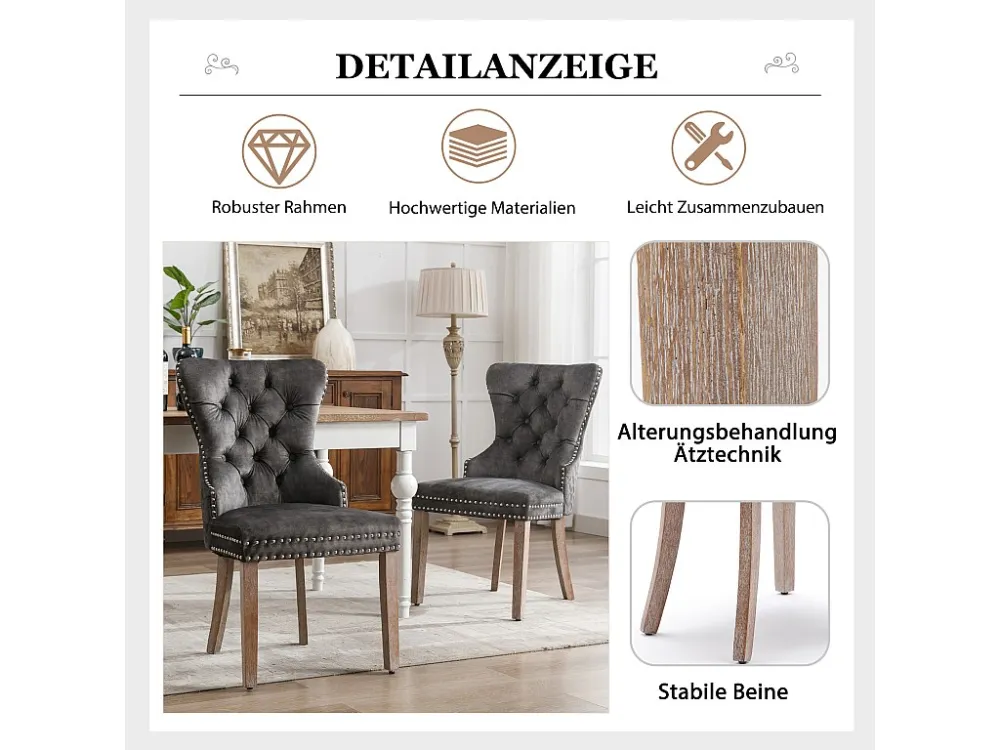 Set van 6 Eetkamerstoelen - Fluwelen zitting - Massief houten poten - Luxe design - Grijs Merax