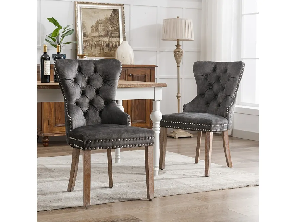 Set van 2 Eetkamerstoelen - Fluwelen zitting - Massief houten poten - Luxe design - Grijs Merax