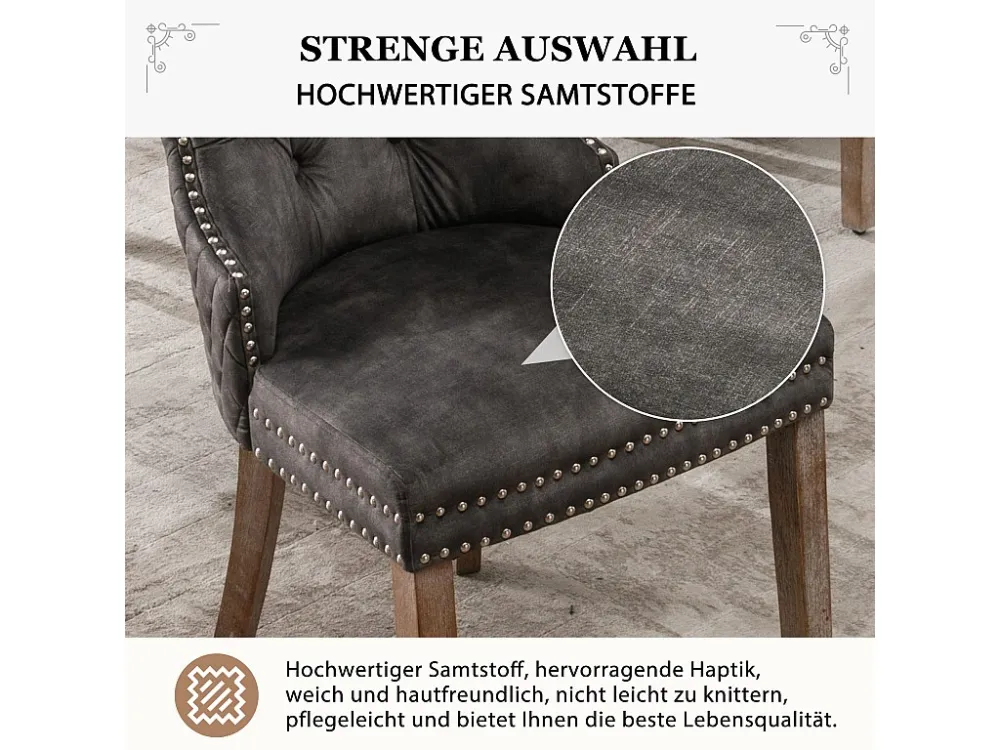 Set van 2 Eetkamerstoelen - Fluwelen zitting - Massief houten poten - Luxe design - Grijs Merax