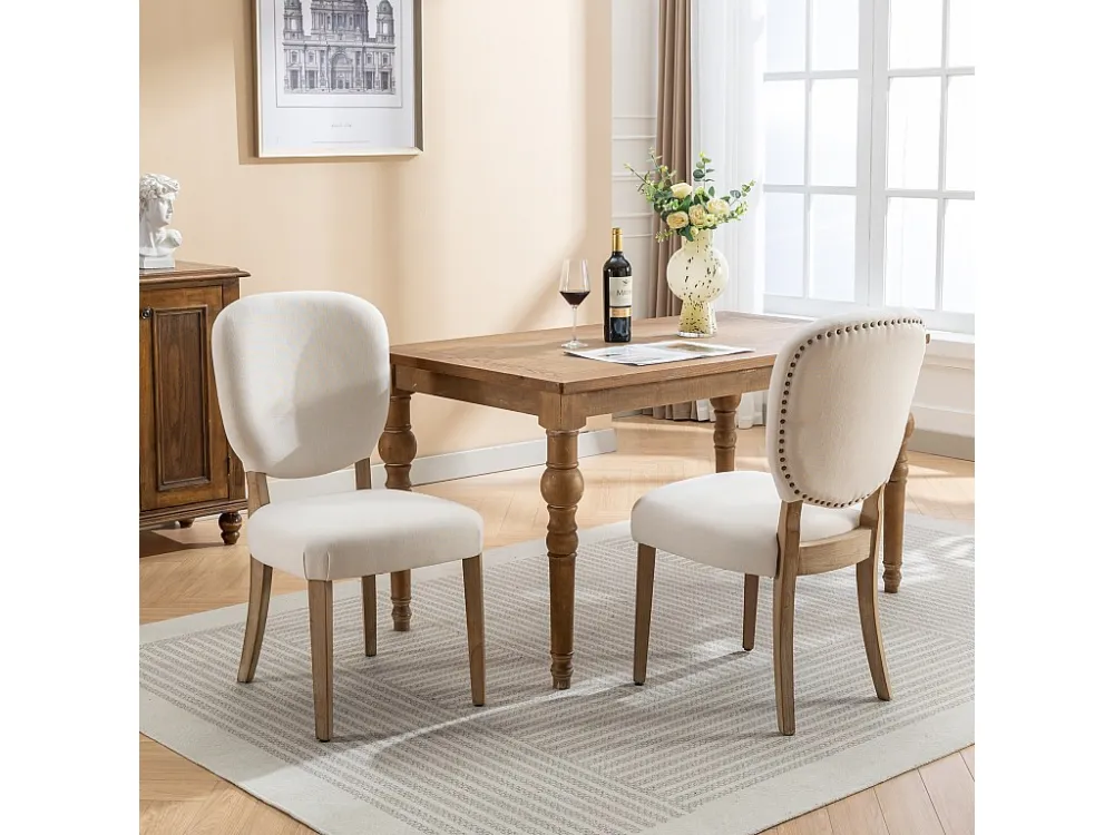 Set van 2 Eetkamerstoelen - Linnenstof - met rugleuning versierd met koperen studs - Massief walnoot poten - Crème Merax