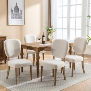 Set van 4 Eetkamerstoelen - Linnenstof - met rugleuning versierd met koperen studs - Massief walnoot poten - Crème Merax