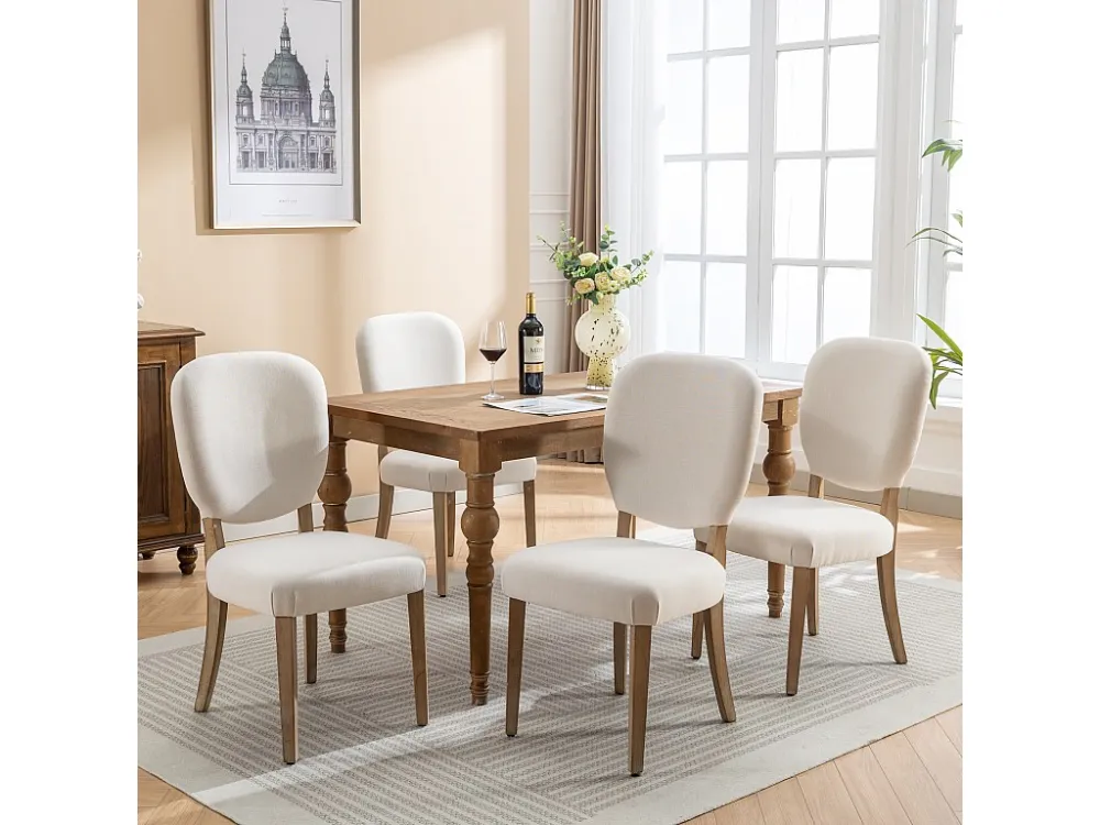 Set van 4 Eetkamerstoelen - Linnenstof - met rugleuning versierd met koperen studs - Massief walnoot poten - Crème Merax