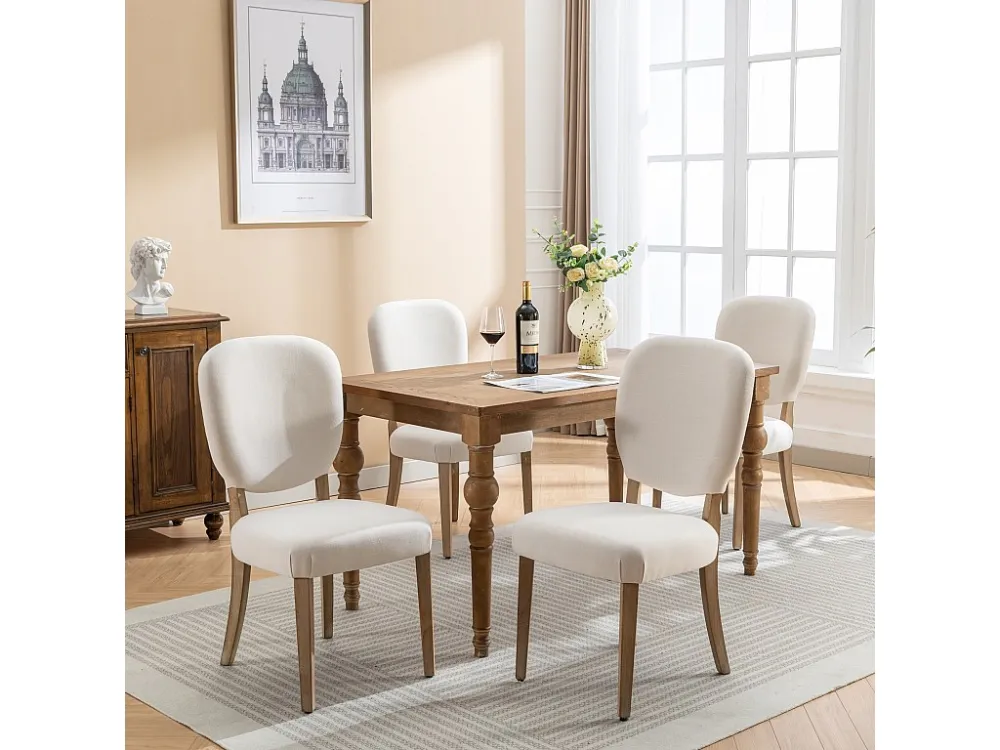 Set van 4 Eetkamerstoelen - Linnenstof - met rugleuning versierd met koperen studs - Massief walnoot poten - Crème Merax