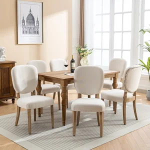Set van 6 Eetkamerstoelen - Linnenstof - met rugleuning versierd met koperen studs - Massief walnoot poten - Crème Merax