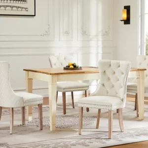 Set van 4 fluwelen eetkamerstoelen - massief houten poten - rugleuning ruitpatroon - beige Merax