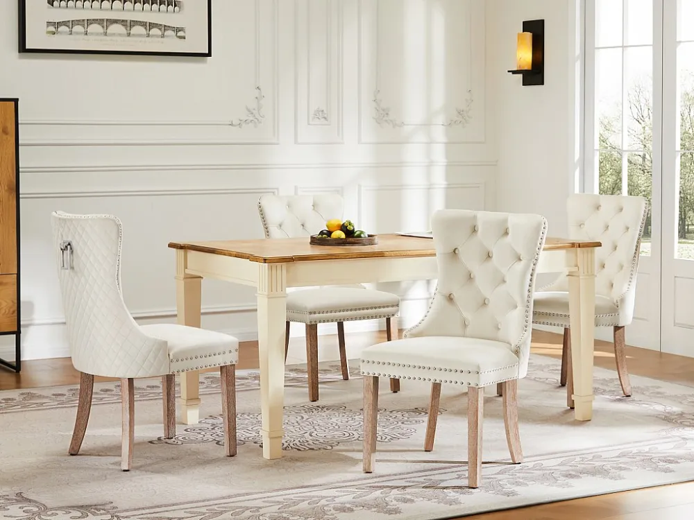 Set van 4 fluwelen eetkamerstoelen - massief houten poten - rugleuning ruitpatroon - beige Merax