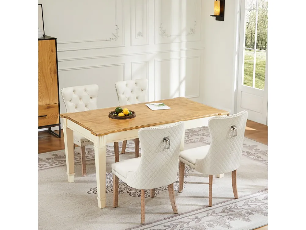 Set van 4 fluwelen eetkamerstoelen - massief houten poten - rugleuning ruitpatroon - beige Merax
