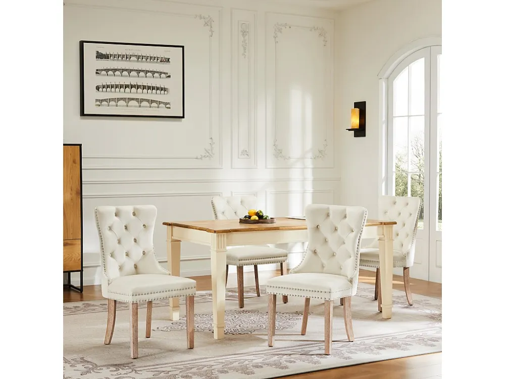 Set van 4 fluwelen eetkamerstoelen - massief houten poten - rugleuning ruitpatroon - beige Merax